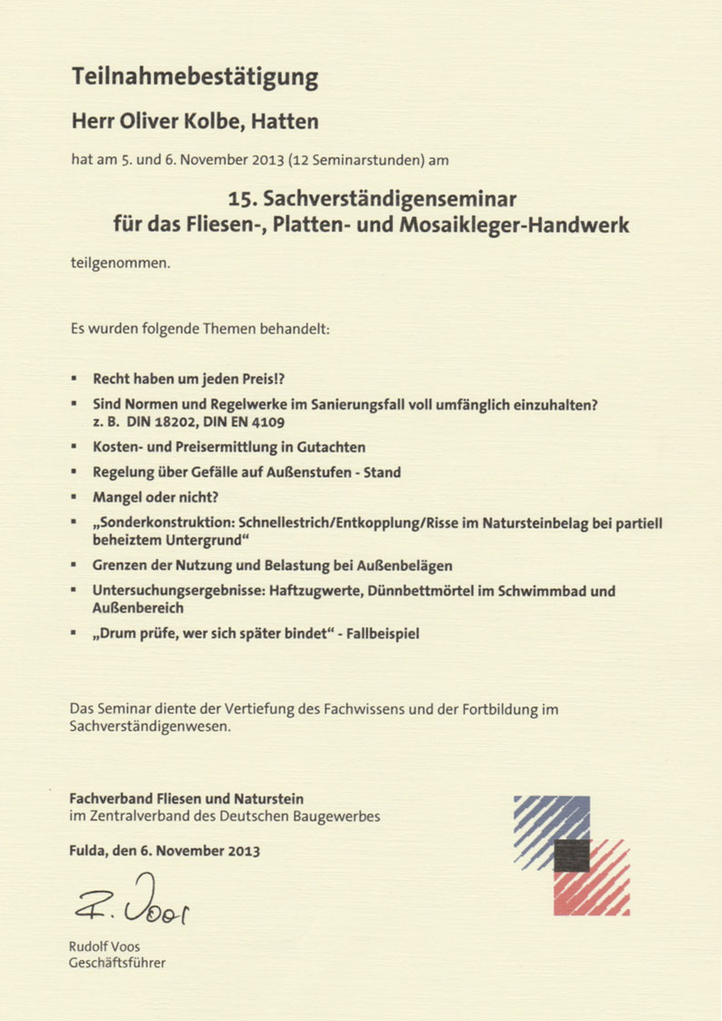 Teilnahmebestätigung Fachverband Fliesen und Naturstein