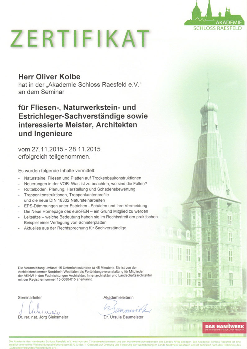 Teilnahmebescheinigung Schloss Raesfeld