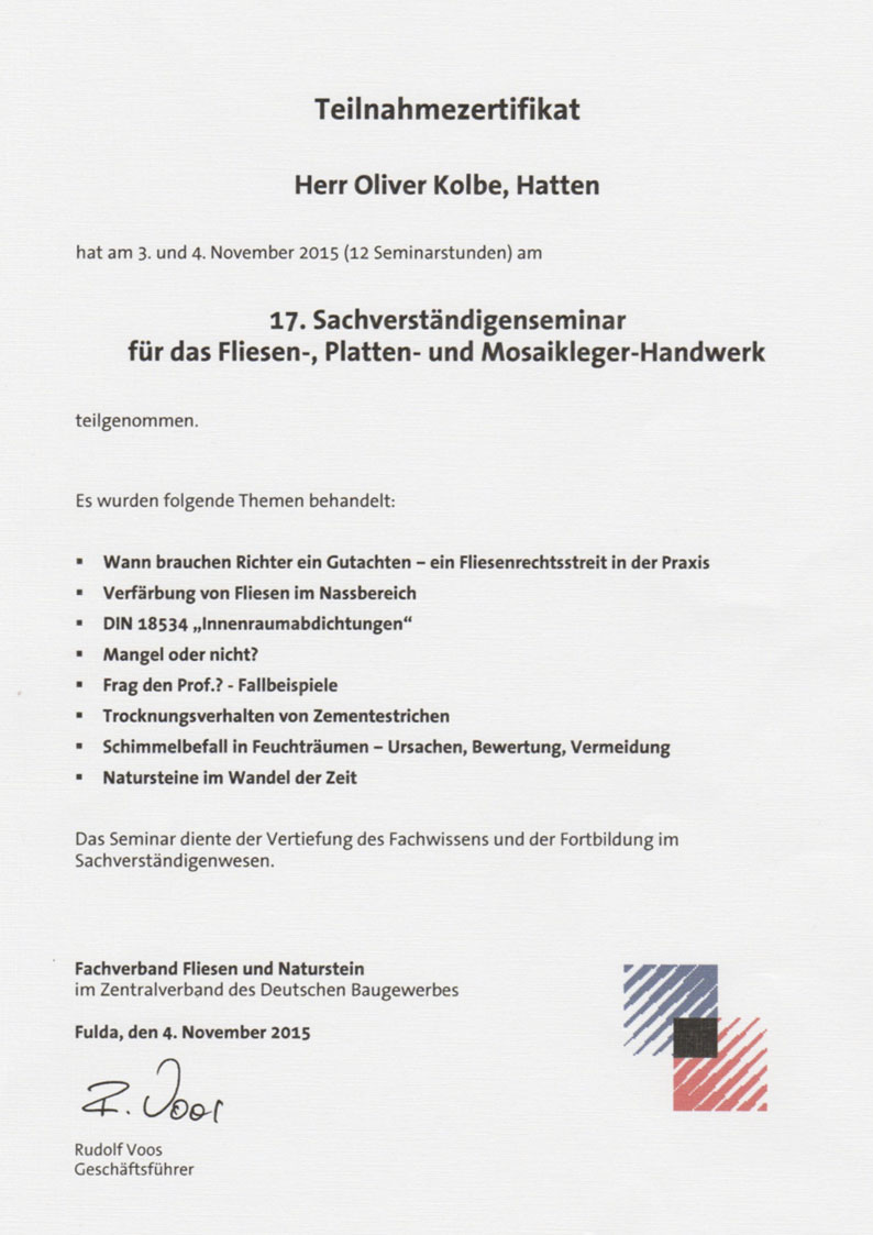 Teilnahmebescheinigung Fachverband Fliesen und Naturstein