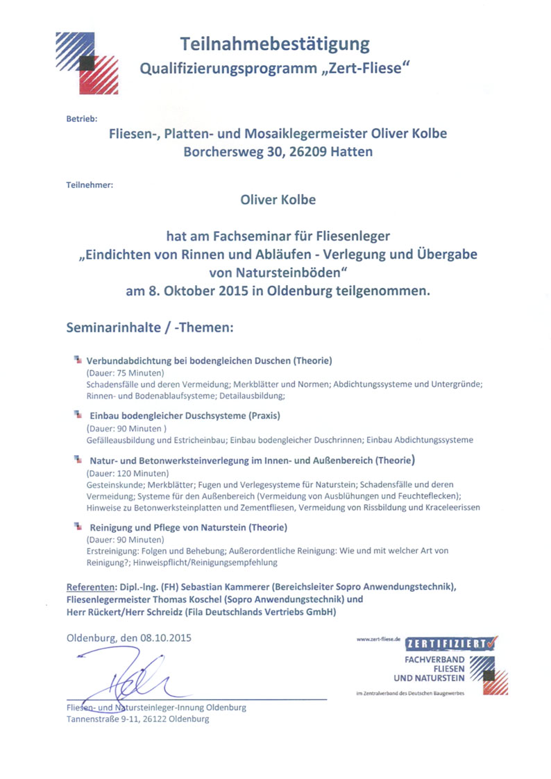 Teilnahmebescheinigung Fachverband Fliesen und Naturstein