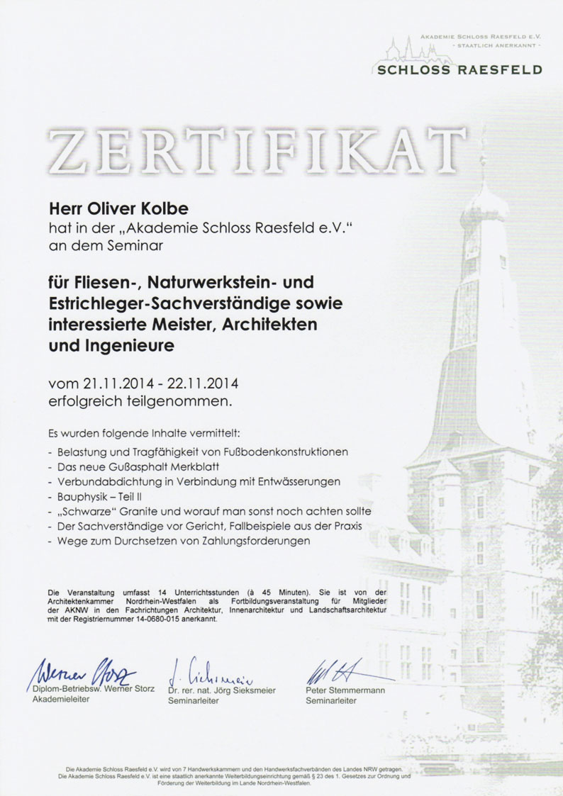 Teilnahmebescheinigung Schloss Raesfeld