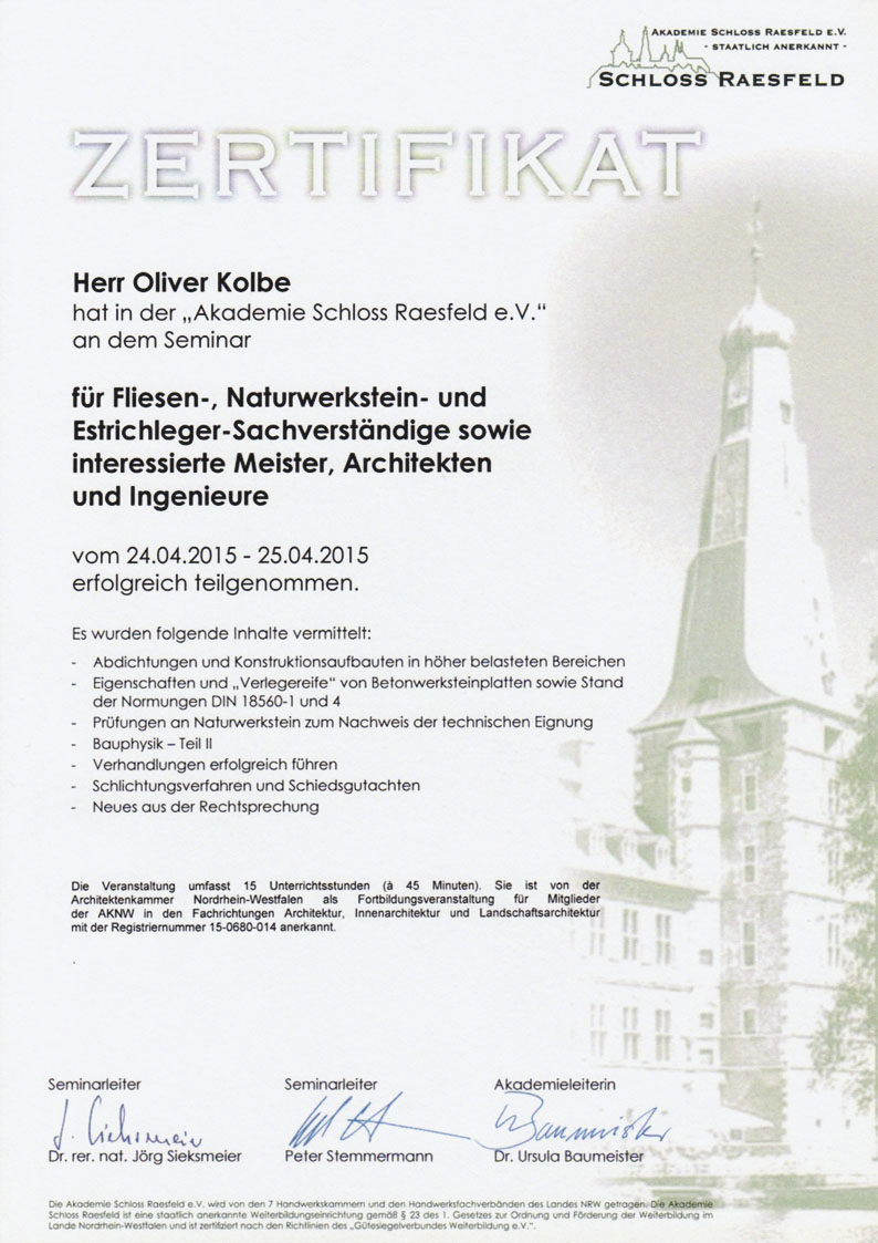 Teilnahmebescheinigung Schloss Raesfeld
