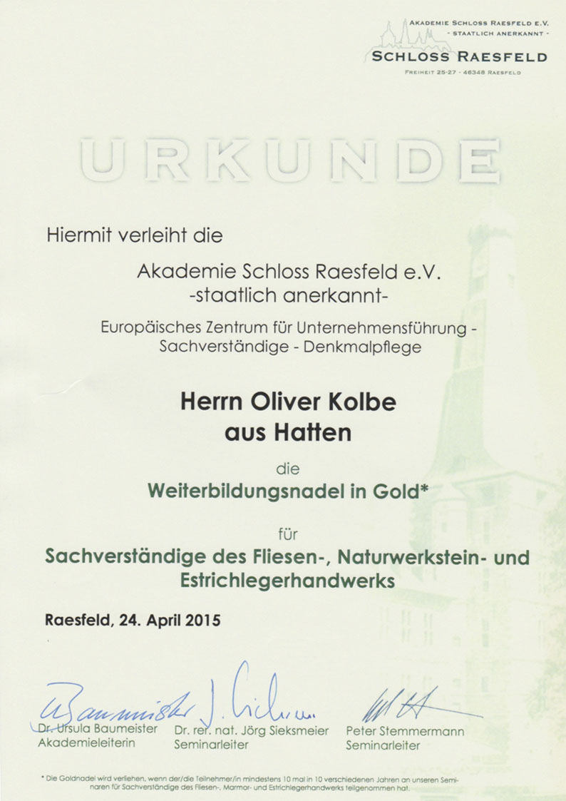 Teilnahmebescheinigung Schloss Raesfeld