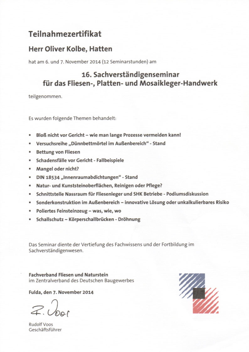 Teilnahmebescheinigung Fachverband Fliesen und Naturstein
