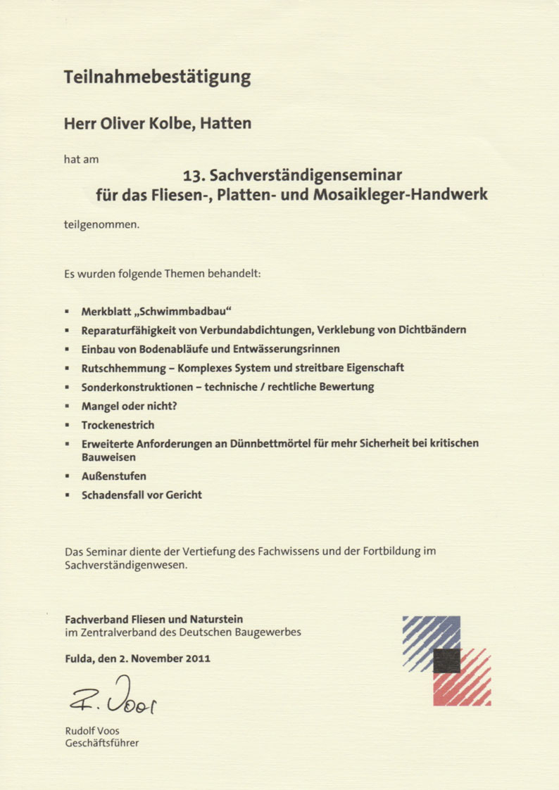 Teilnahmebescheinigung Fachverband Fliesen und Naturstein