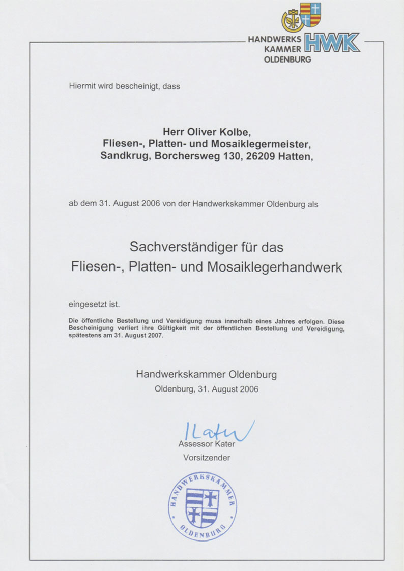 Handwerkskammer Oldenburg Sachverständiger Fliesenhandwerk