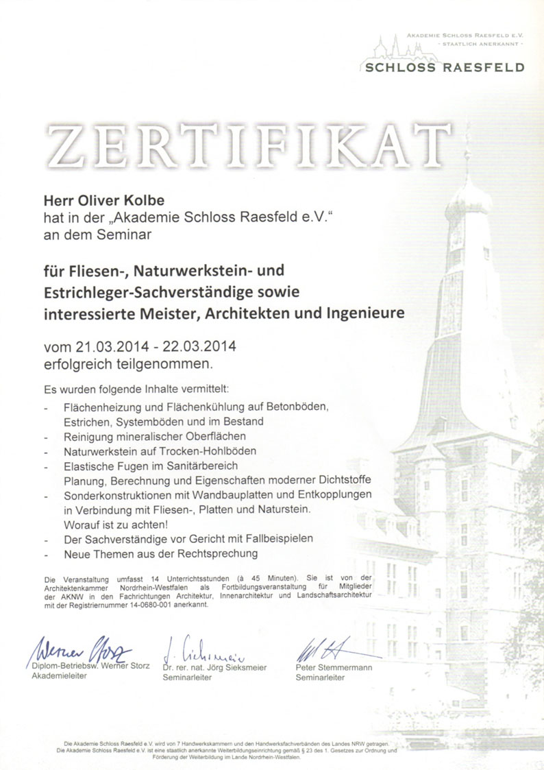 Teilnahmebescheinigung Schloss Raesfeld