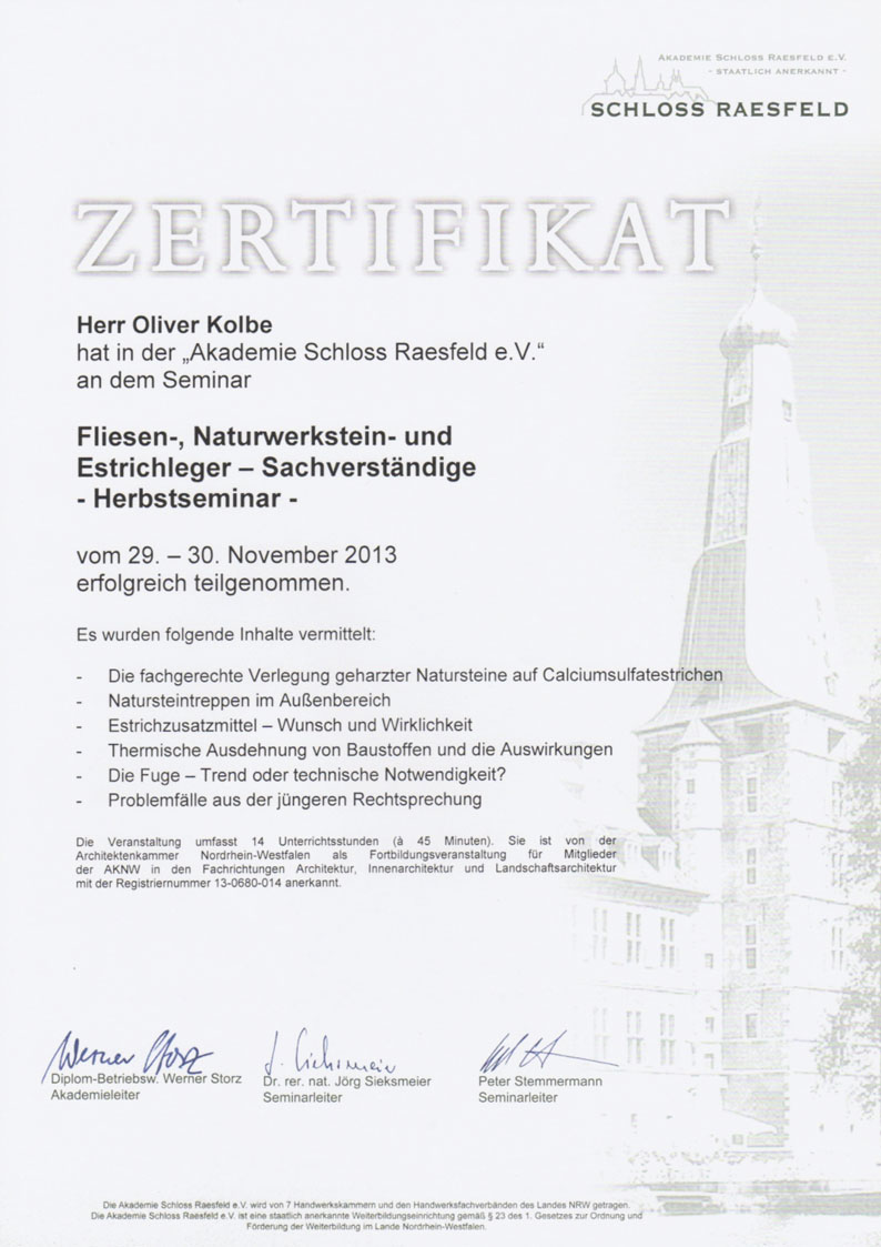 Teilnahmebescheinigung Schloss Raesfeld