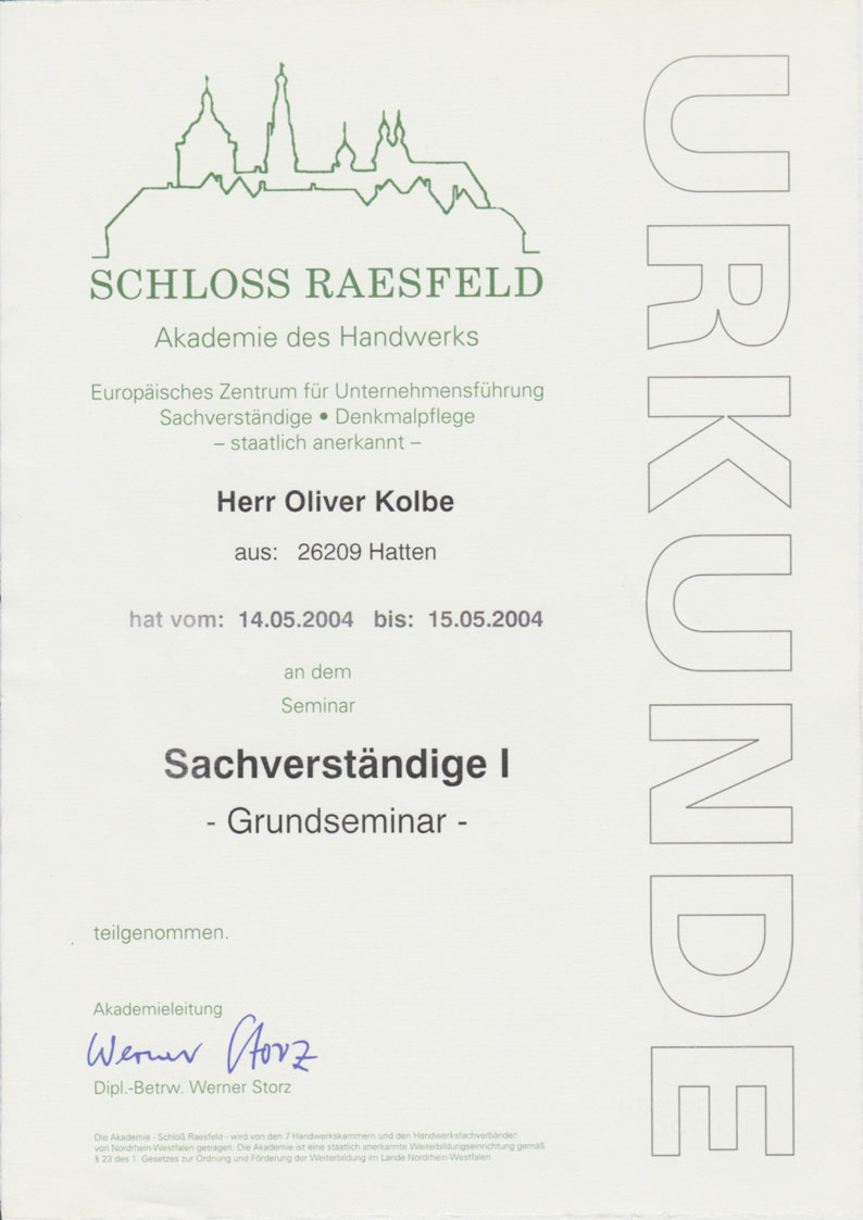 Urkunde Schloss Raesfeld