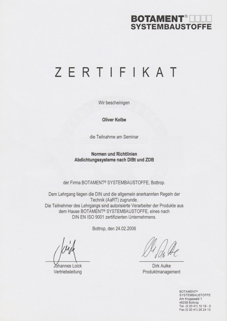 Zertifikat Botament Systembaustoffe
