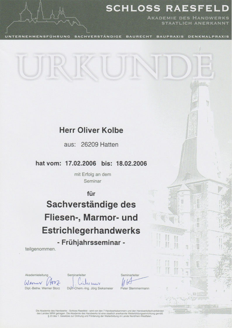 Teilnahmebescheinigung Schloss Raesfeld