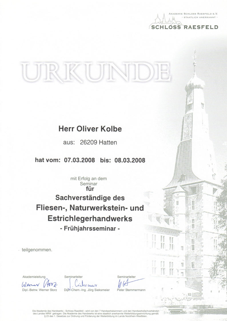 Teilnahmebescheinigung Schloss Raesfeld