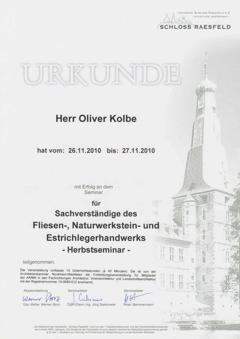 Teilnahmebescheinigung Schloss Raesfeld
