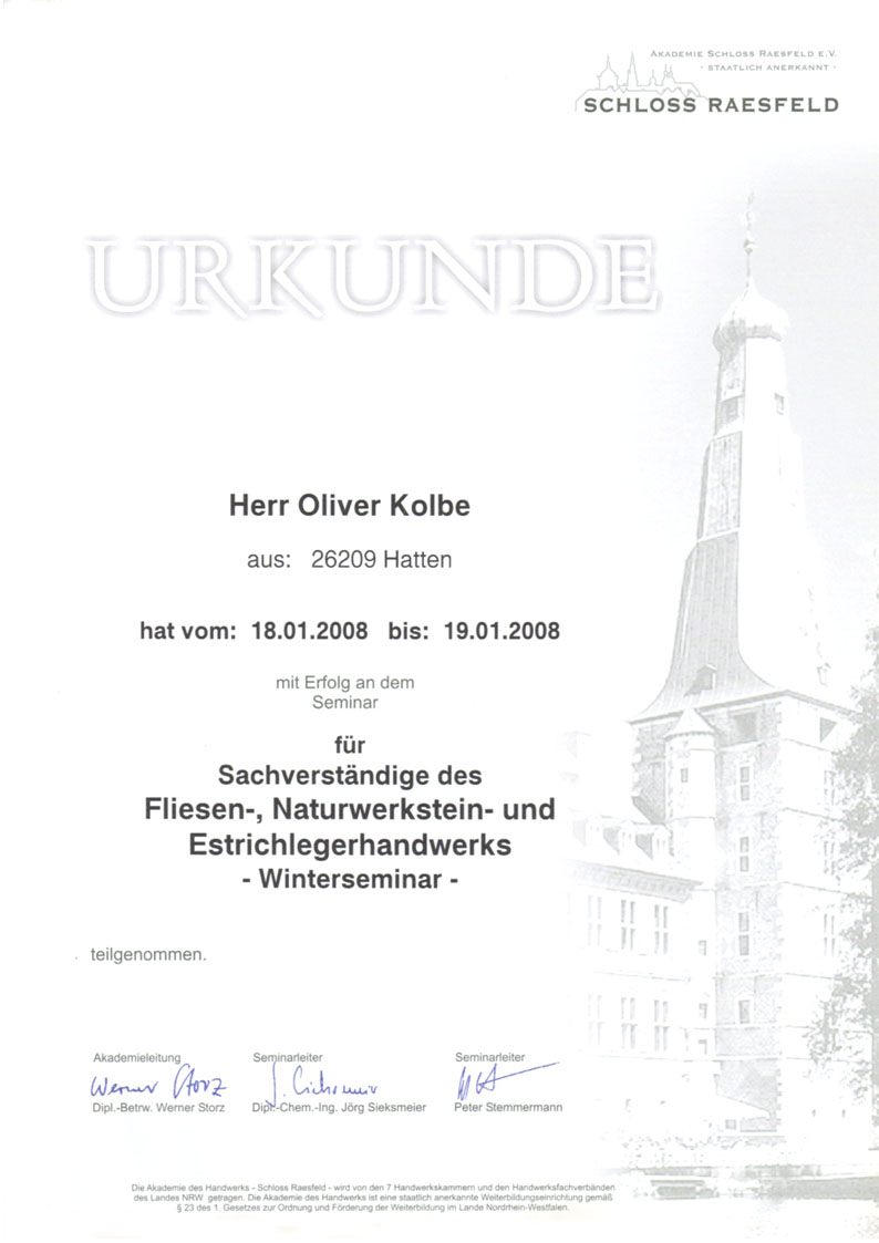 Teilnahmebescheinigung Schloss Raesfeld
