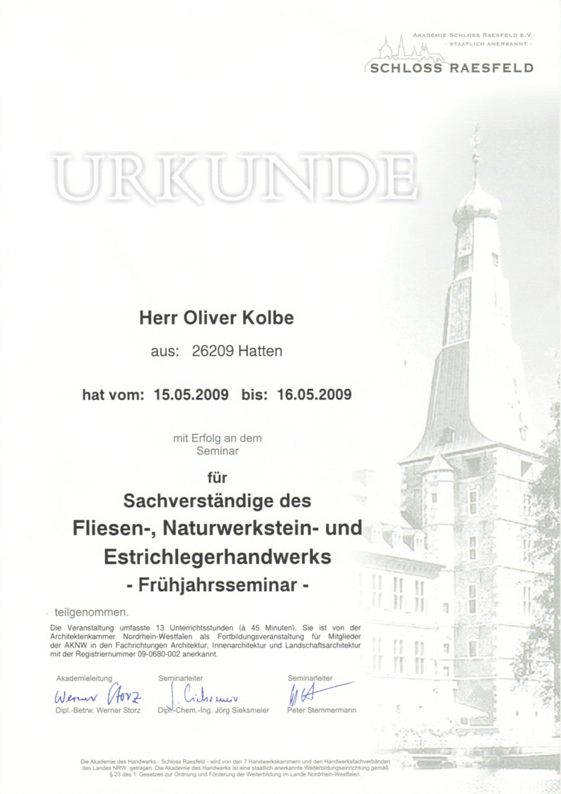 Teilnahmebescheinigung Schloss Raesfeld