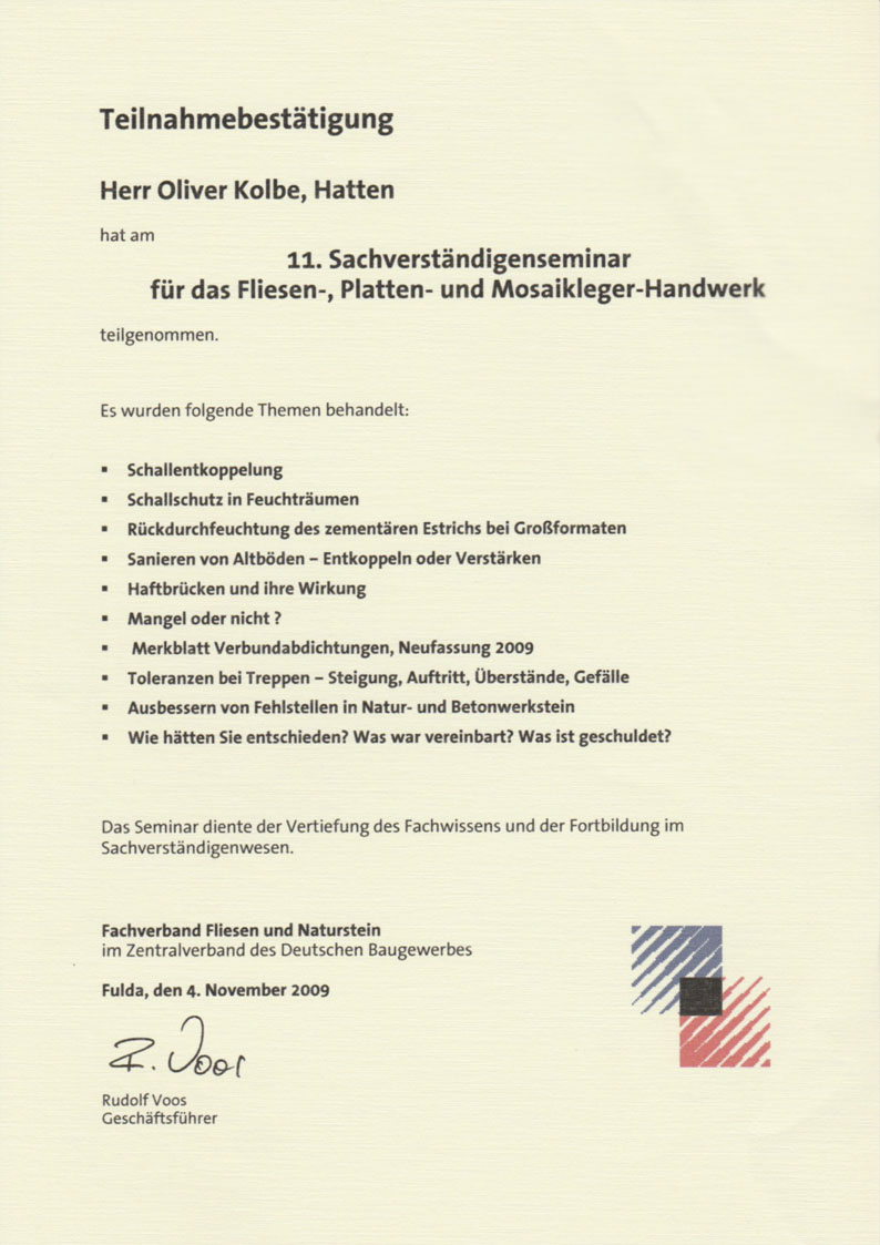 Teilnahmebescheinigung Fachverband Fliesen und Naturstein