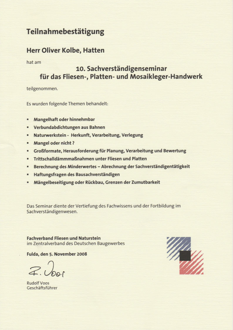 Teilnahmebescheinigung Fachverband Fliesen und Naturstein