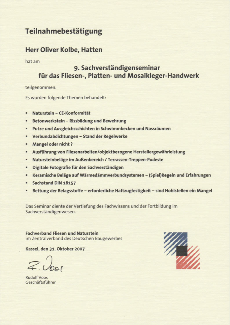 Teilnahmebescheinigung Fachverband Fliesen und Naturstein