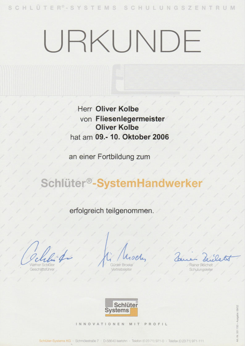 Teilnahmebescheinigung Schlüter-Systemhandwerker