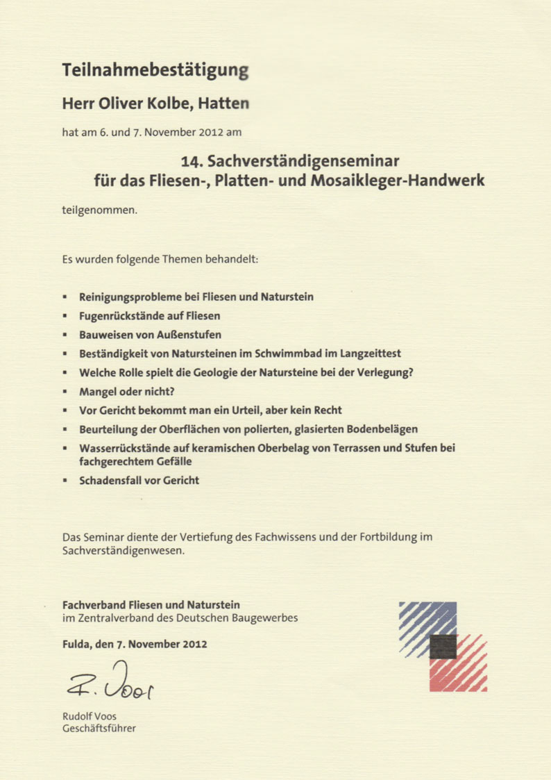 Teilnahmebescheinigung Fachverband Fliesen und Naturstein