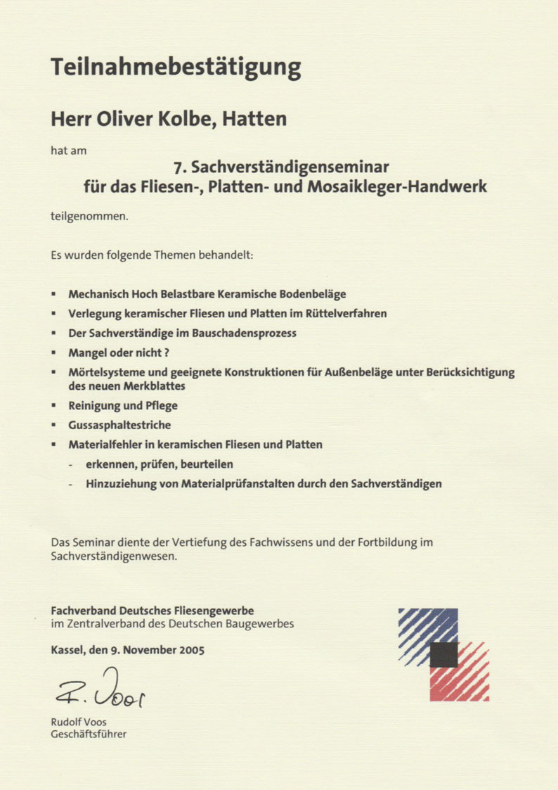 Teilnahmebestätigung Fachverband Fliesen und Naturstein