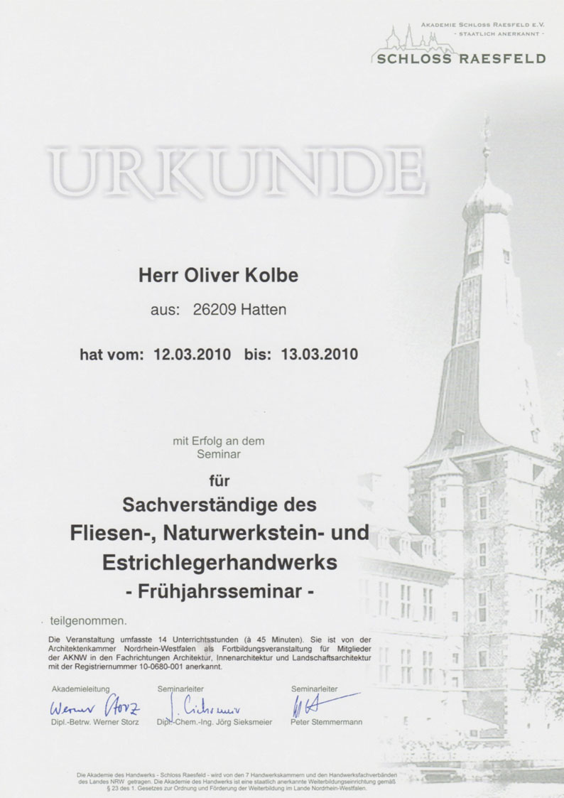 Teilnahmebescheinigung Schloss Raesfeld