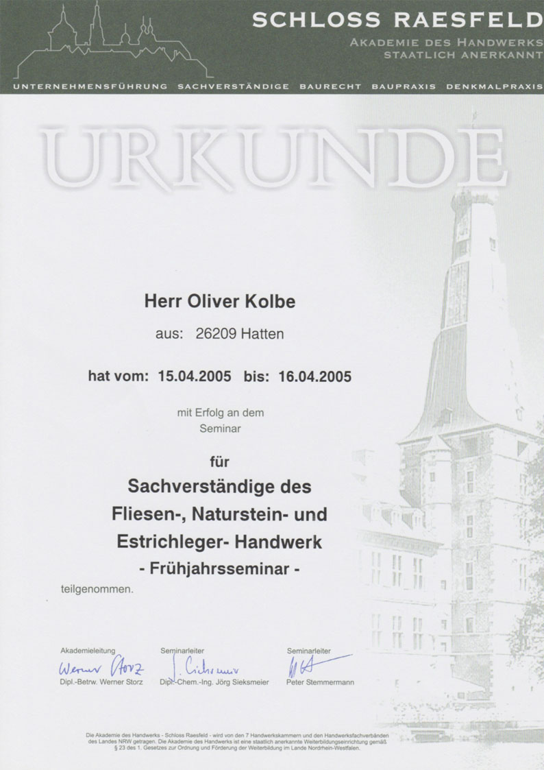 Teilnahmebescheinigung Schloss Raesfeld