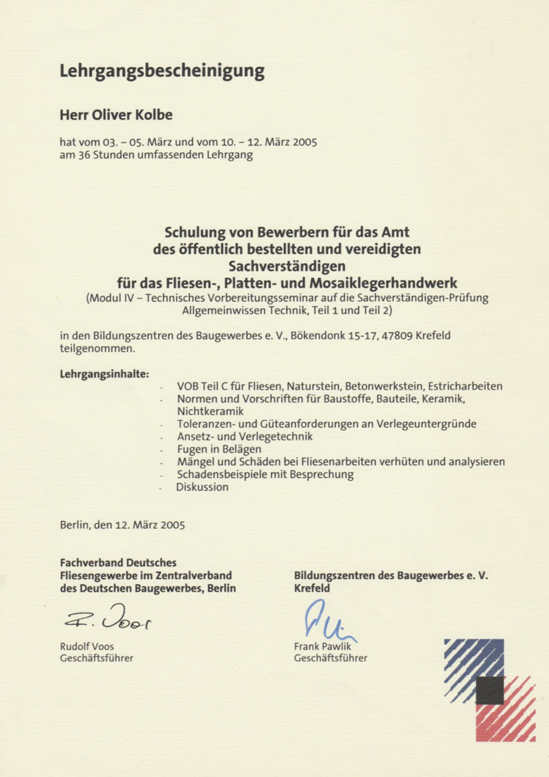 Teilnahmebescheinigung Fachverband Fliesen und Naturstein