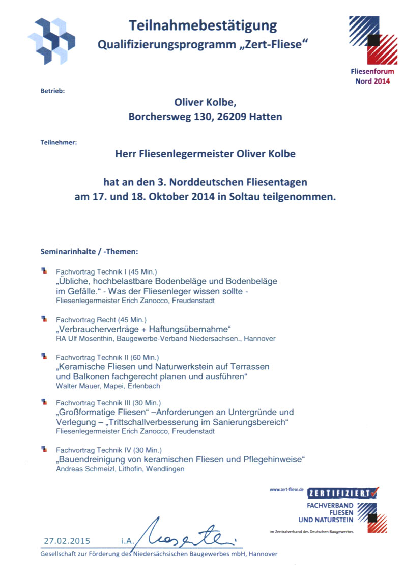 Teilnahmebescheinigung Fachverband Fliesen und Naturstein